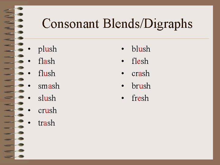 Consonant Blends/Digraphs • • plush flash flush smash slush crush trash • • •