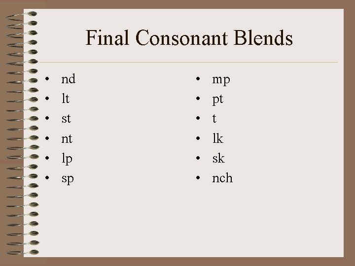 Final Consonant Blends • • • nd lt st nt lp sp • •