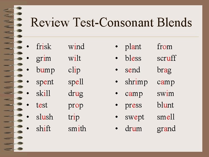 Review Test-Consonant Blends • • frisk grim bump spent skill test slush shift wind