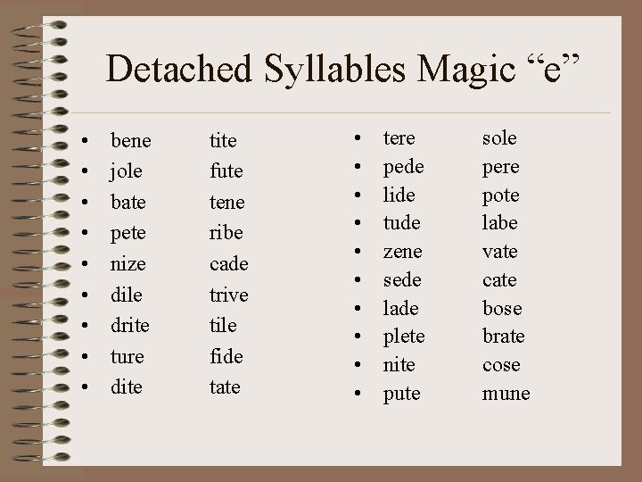 Detached Syllables Magic “e” • • • bene jole bate pete nize dile drite