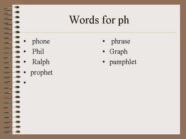 Words for ph • • • phone Phil Ralph prophet • phrase • Graph