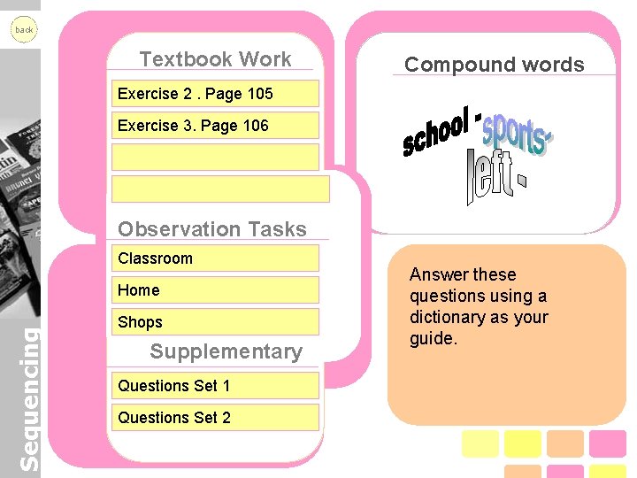 back Textbook Work Compound words Exercise 2. Page 105 Exercise 3. Page 106 Observation