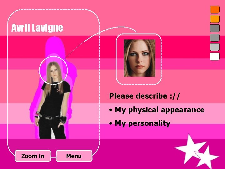 Avril Lavigne Please describe : // • My physical appearance • My personality Zoom
