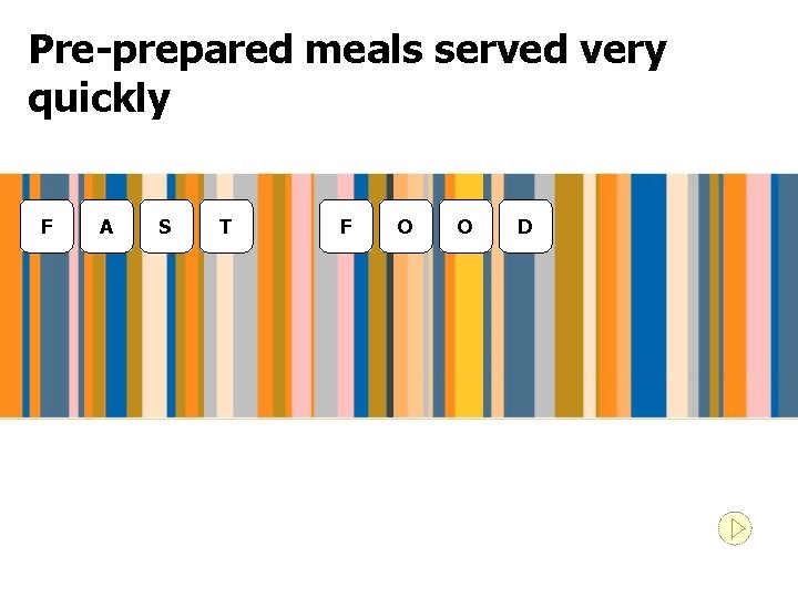 Pre-prepared meals served very quickly F A S T F O O D 