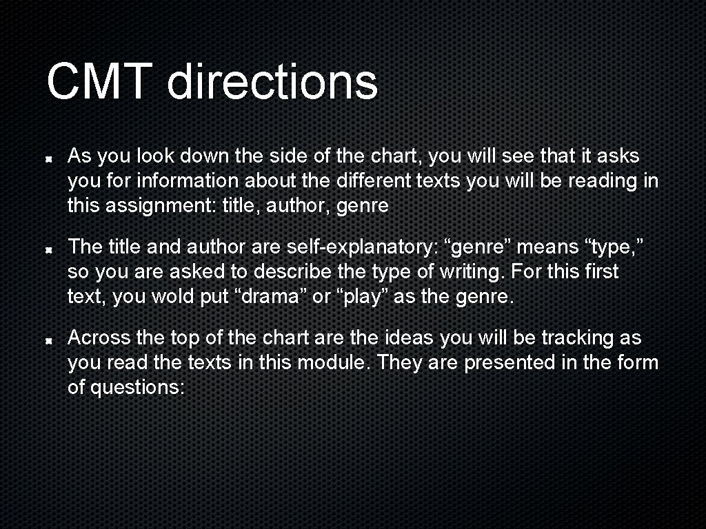 CMT directions As you look down the side of the chart, you will see