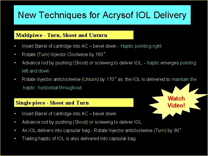 New Techniques for Acrysof IOL Delivery Multipiece - Turn, Shoot and Unturn • Insert