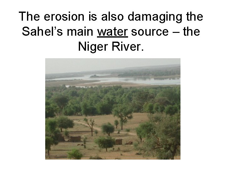The erosion is also damaging the Sahel’s main water source – the Niger River.