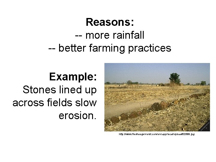Reasons: -- more rainfall -- better farming practices Example: Stones lined up across fields