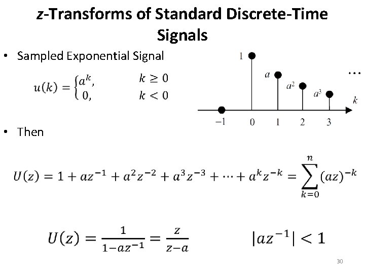 z-Transforms of Standard Discrete-Time Signals • Sampled Exponential Signal • Then 30 