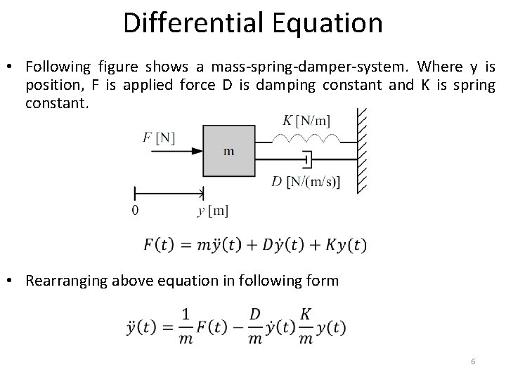 Differential Equation • Following figure shows a mass-spring-damper-system. Where y is position, F is