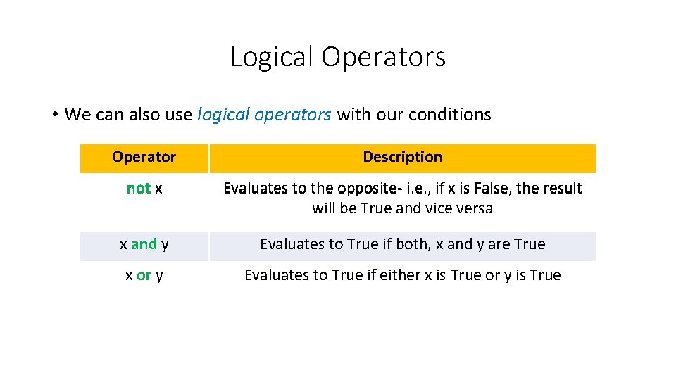 Logical Operators • We can also use logical operators with our conditions Operator Description
