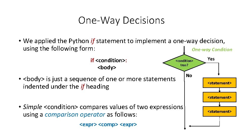 One-Way Decisions • We applied the Python if statement to implement a one-way decision,
