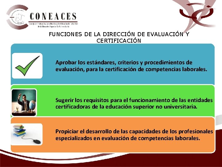 FUNCIONES DE LA DIRECCIÓN DE EVALUACIÓN Y CERTIFICACIÓN Aprobar los estándares, criterios y procedimientos