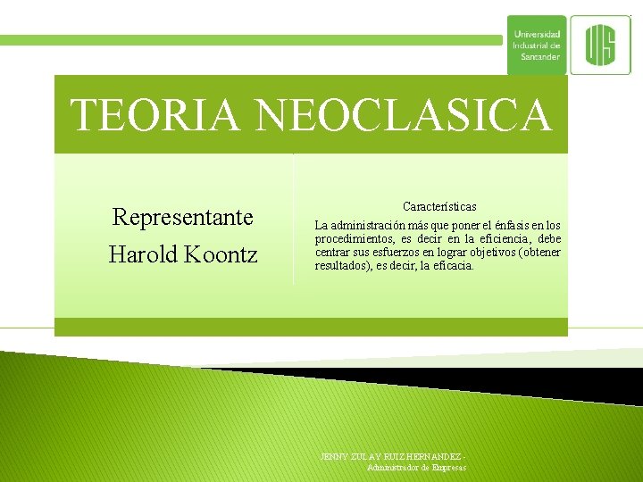 TEORIA NEOCLASICA Representante Harold Koontz Características La administración más que poner el énfasis en