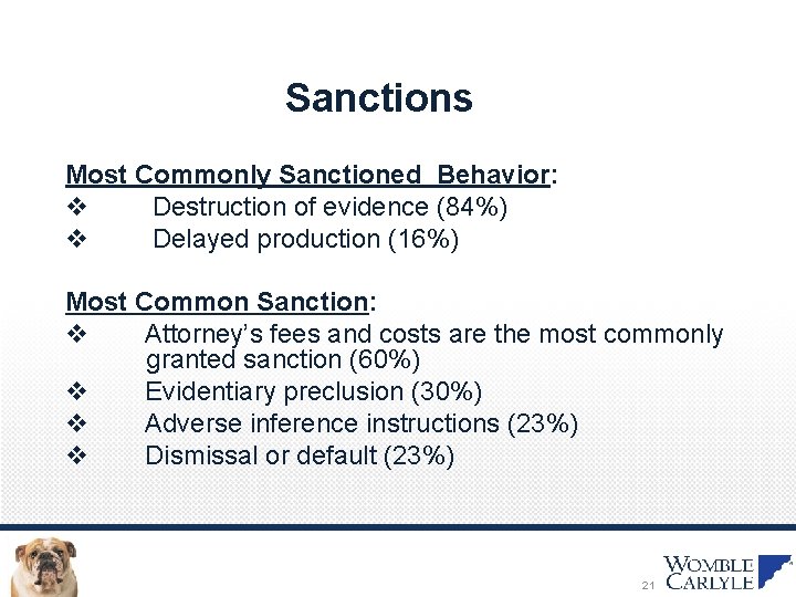 Sanctions Most Commonly Sanctioned Behavior: v Destruction of evidence (84%) v Delayed production (16%)