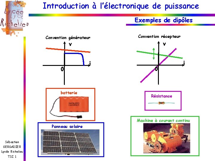 Introduction à l’électronique de puissance Exemples de dipôles Convention générateur Convention récepteur v v