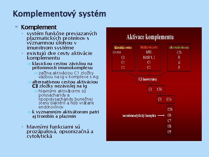 Komplementový systém Komplement ◦ systém funkčne previazaných plazmatických proteínov s významnou úlohou v imunitnom