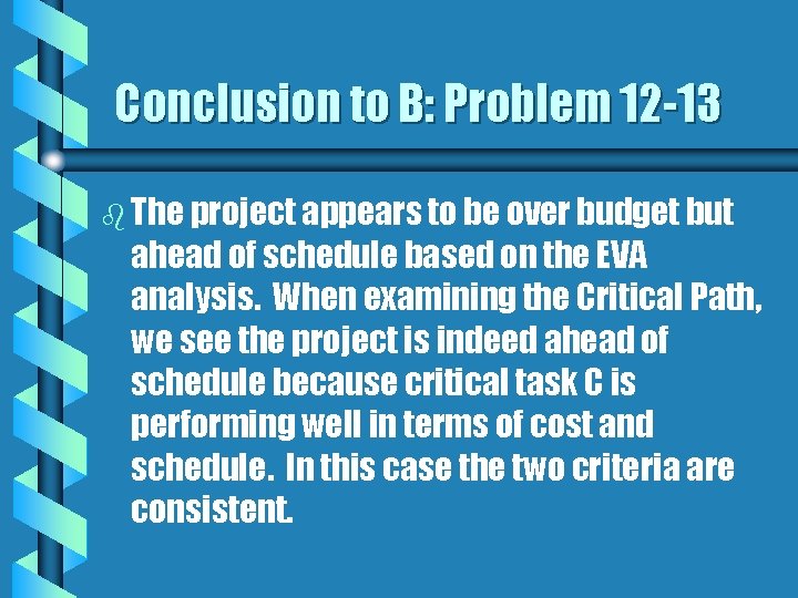 Conclusion to B: Problem 12 -13 b The project appears to be over budget