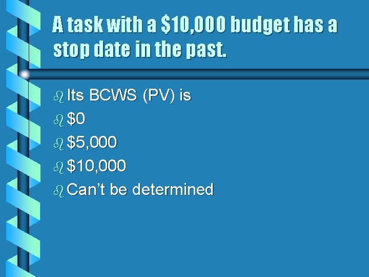 A task with a $10, 000 budget has a stop date in the past.