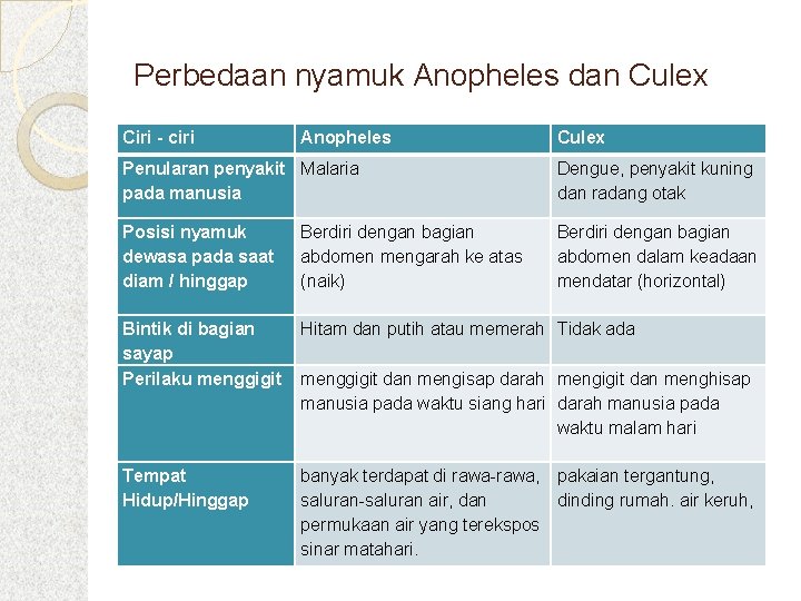 Perbedaan nyamuk Anopheles dan Culex Ciri - ciri Anopheles Culex Penularan penyakit Malaria pada