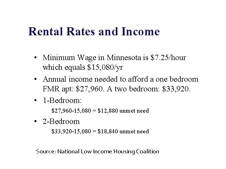 Rental Rates and Income • Minimum Wage in Minnesota is $7. 25/hour which equals