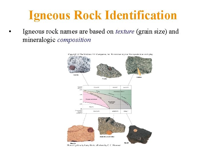 Igneous Rock Identification • Igneous rock names are based on texture (grain size) and