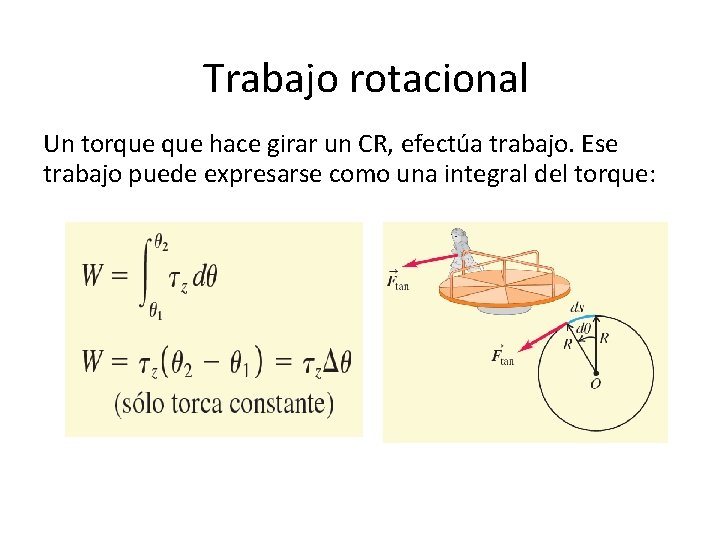 Trabajo rotacional Un torque hace girar un CR, efectúa trabajo. Ese trabajo puede expresarse