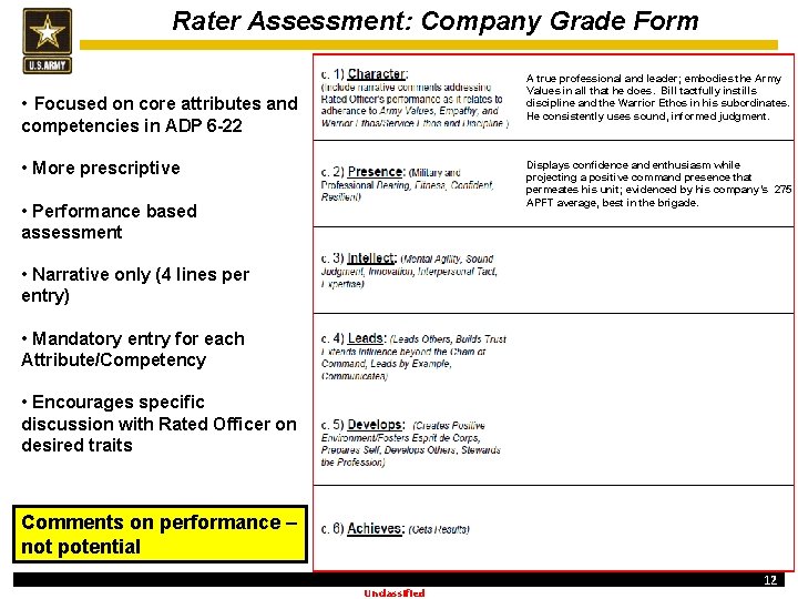 Rater Assessment: Company Grade Form A true professional and leader; embodies the Army Values