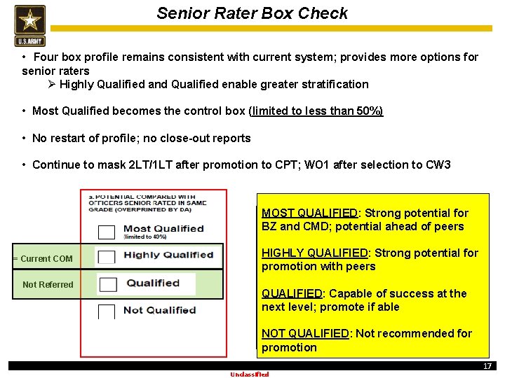 Senior Rater Box Check • Four box profile remains consistent with current system; provides