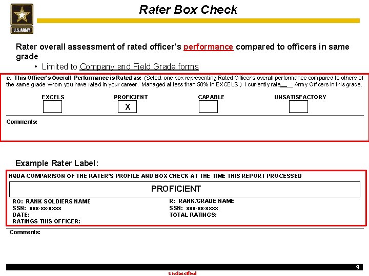 Rater Box Check Rater overall assessment of rated officer’s performance compared to officers in