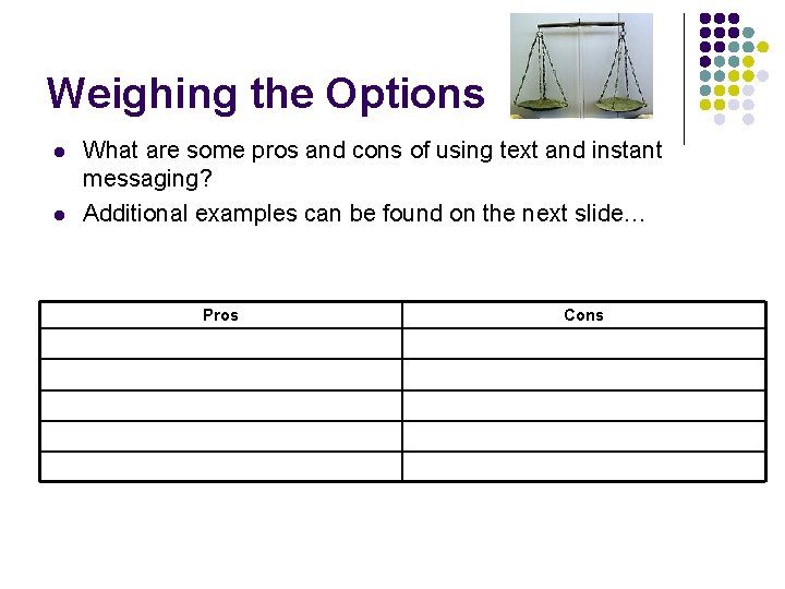 Weighing the Options l l What are some pros and cons of using text