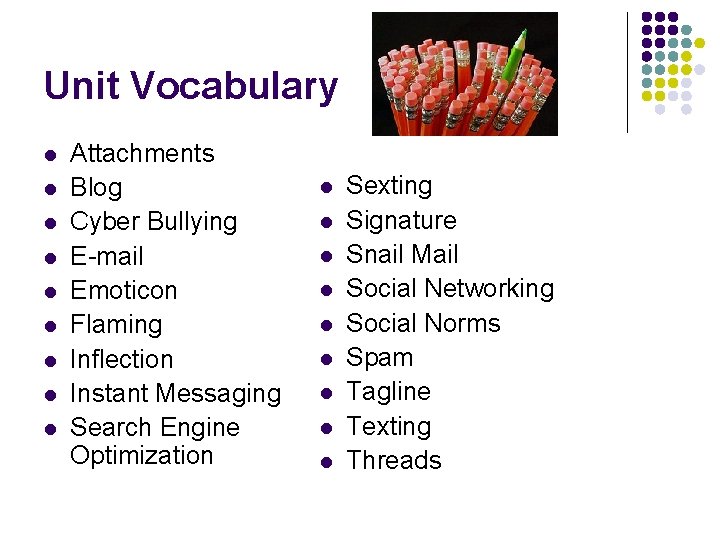 Unit Vocabulary l l l l l Attachments Blog Cyber Bullying E-mail Emoticon Flaming