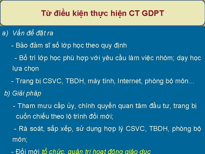 Từ điều kiện thực hiện CT GDPT a) Vấn đề đặt ra - Bảo