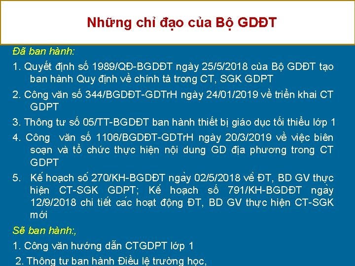 Những chỉ đạo của Bộ GDĐT Đã ban hành: 1. Quyết định số 1989/QĐ-BGDĐT