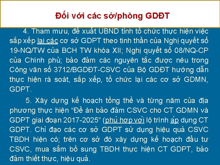 Đối với các sở/phòng GDĐT 4. Tham mưu, đề xuất UBND tỉnh tổ chức