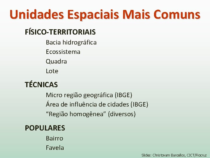 Unidades Espaciais Mais Comuns FÍSICO-TERRITORIAIS Bacia hidrográfica Ecossistema Quadra Lote TÉCNICAS Micro região geográfica