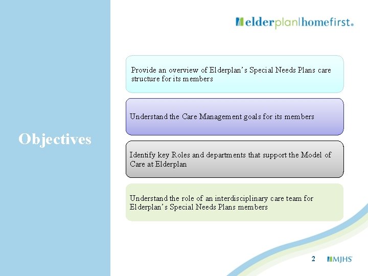 Provide an overview of Elderplan’s Special Needs Plans care structure for its members Understand