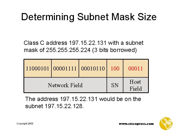 Determining Subnet Mask Size Class C address 197. 15. 22. 131 with a subnet