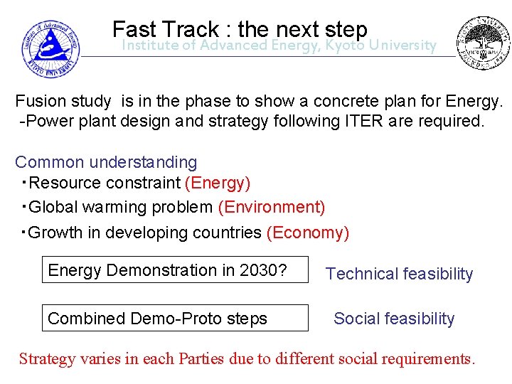 Fast Track : the next step Institute of Advanced Energy, Kyoto University Fusion study