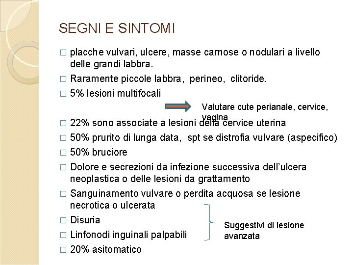 SEGNI E SINTOMI � placche vulvari, ulcere, masse carnose o nodulari a livello delle SEGNI E SINTOMI � placche vulvari, ulcere, masse carnose o nodulari a livello delle