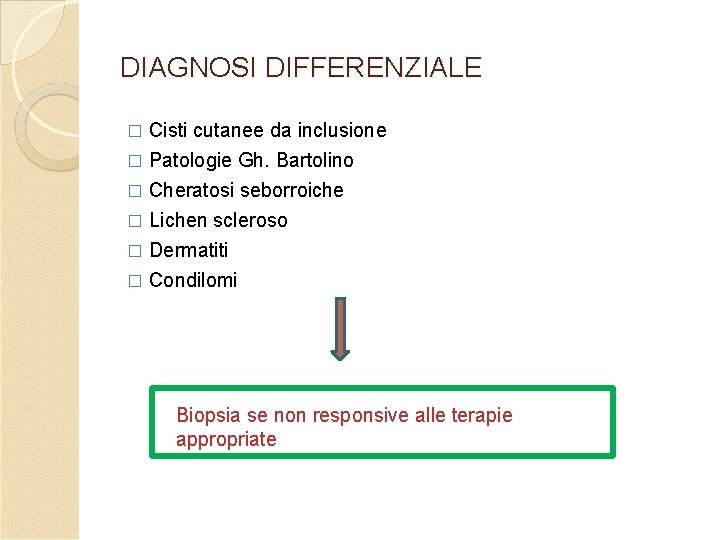 DIAGNOSI DIFFERENZIALE Cisti cutanee da inclusione � Patologie Gh. Bartolino � Cheratosi seborroiche � DIAGNOSI DIFFERENZIALE Cisti cutanee da inclusione � Patologie Gh. Bartolino � Cheratosi seborroiche �