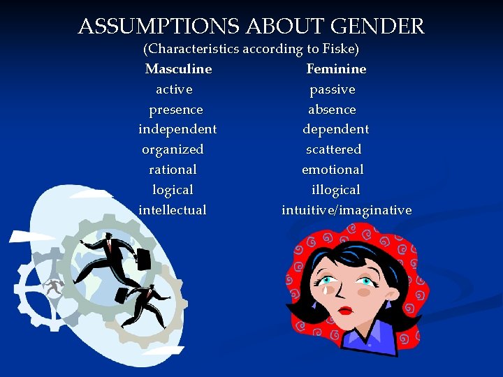 ASSUMPTIONS ABOUT GENDER (Characteristics according to Fiske) Masculine Feminine active passive presence absence independent