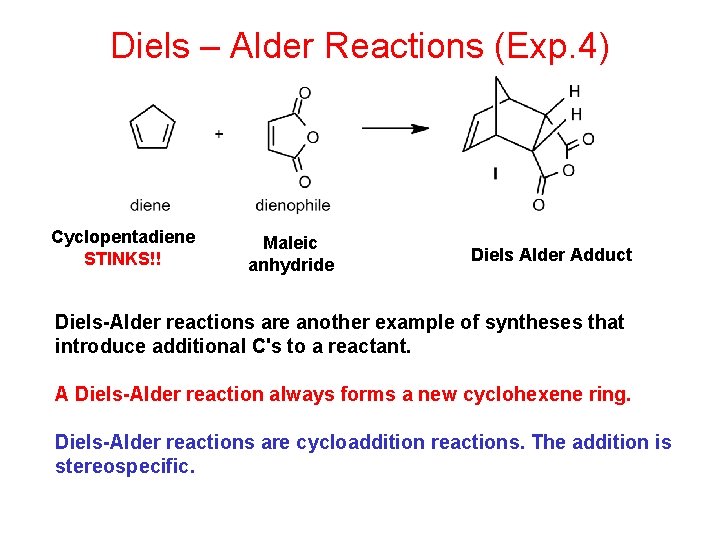 Diels – Alder Reactions (Exp. 4) Cyclopentadiene STINKS!! Maleic anhydride Diels Alder Adduct Diels-Alder