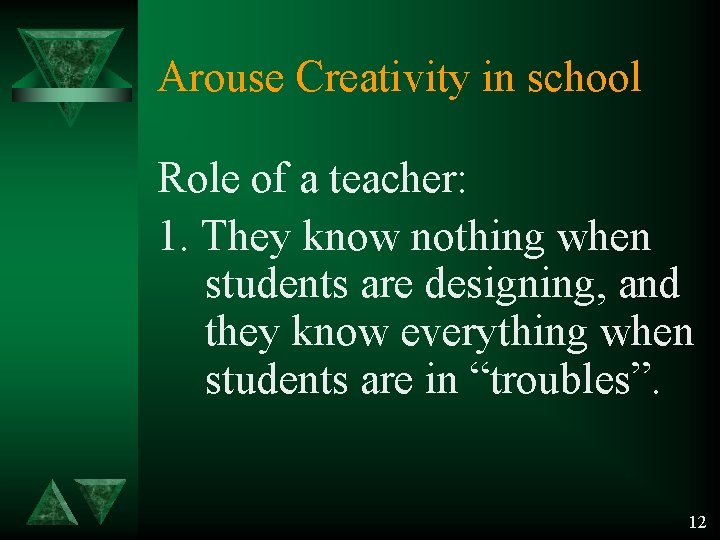 Arouse Creativity in school Role of a teacher: 1. They know nothing when students