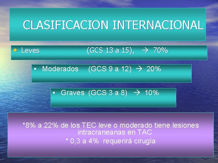 CLASIFICACION INTERNACIONAL • Leves (GCS 13 a 15), 70% • Moderados (GCS 9 a CLASIFICACION INTERNACIONAL • Leves (GCS 13 a 15), 70% • Moderados (GCS 9 a