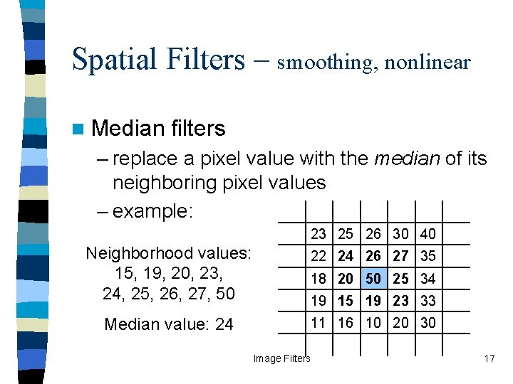 Spatial Filters – smoothing, nonlinear n Median filters – replace a pixel value with