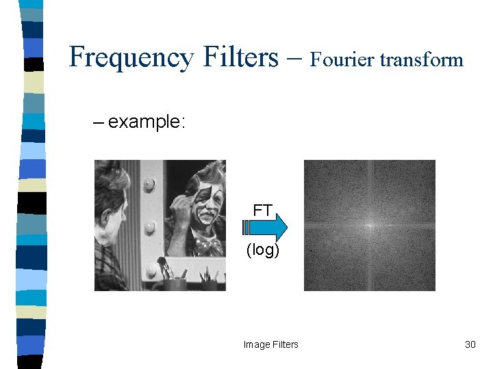 Frequency Filters – Fourier transform – example: FT (log) Image Filters 30 