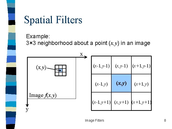 Spatial Filters Example: 3× 3 neighborhood about a point (x, y) in an image