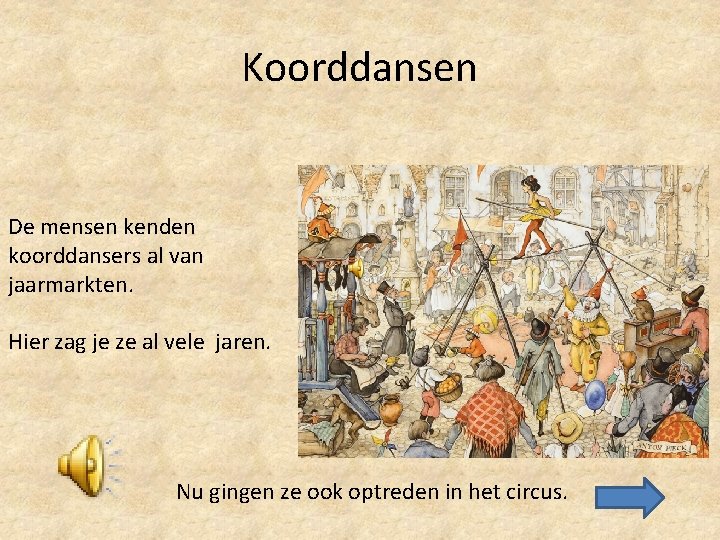 Koorddansen De mensen kenden koorddansers al van jaarmarkten. Hier zag je ze al vele