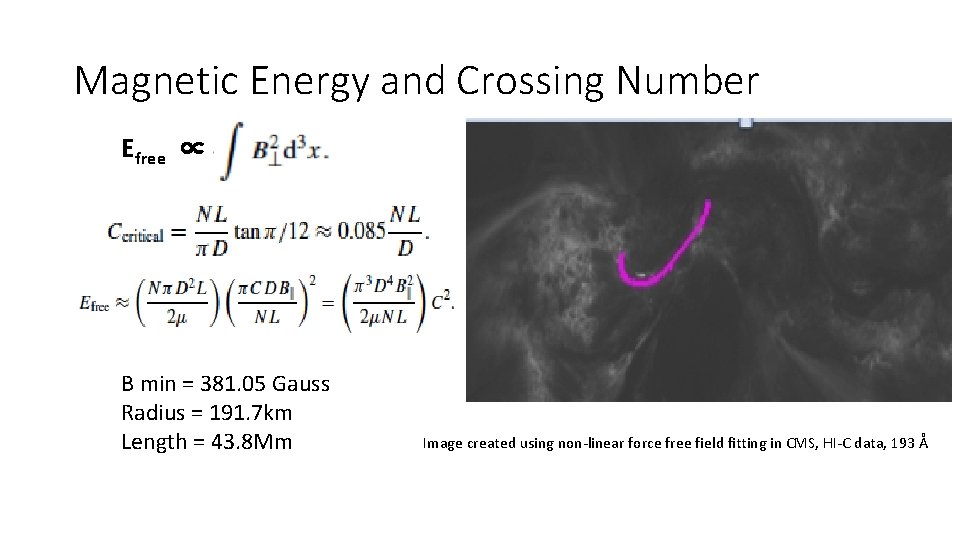 Magnetic Energy and Crossing Number Efree ∝ B min = 381. 05 Gauss Radius Magnetic Energy and Crossing Number Efree ∝ B min = 381. 05 Gauss Radius